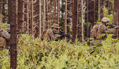 Modern warfare Soldiers Squad Running as Team in Battle Formation