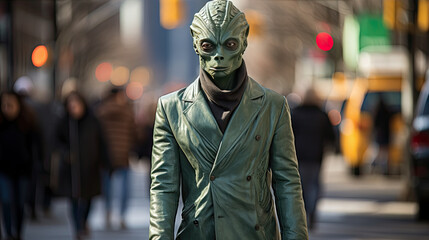 Aliens among people. Green man in a trendy outfit on the street