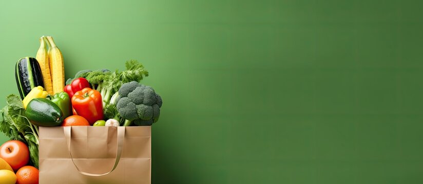 background image featuring a paper bag filled with healthy vegan and vegetarian food, including vegetables