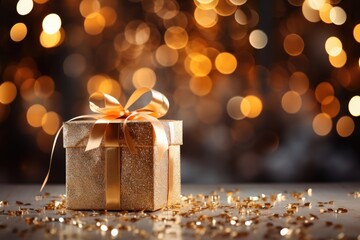  christmas golden gift box with ribbon - obrazy, fototapety, plakaty