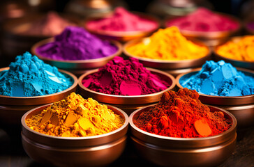 colorful holi powder is shown in decorative containers