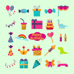 Bundle Element Happy Birthday Style Doodle. Vector Illustration