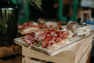 A close-up photo of charcuterie board at an event, party or wedding reception