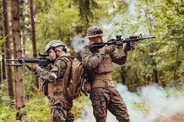 Modern Warfare Soldiers Squad Running in Tactical Battle Formation Woman as a Team Leader