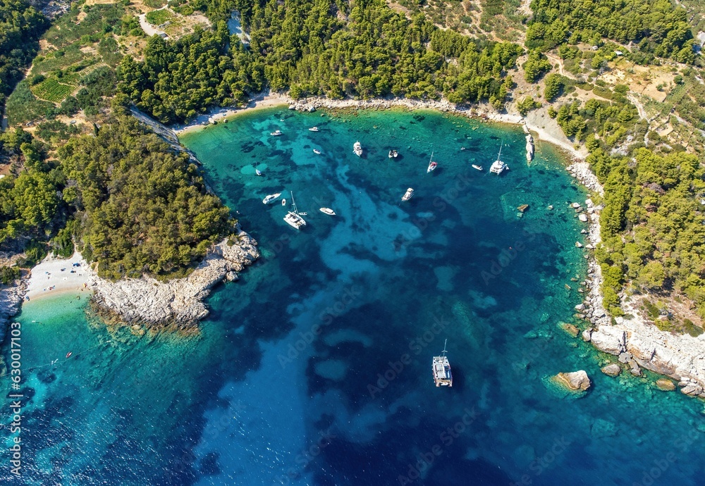 Canvas Prints Aerial photo of boats moored at beautiful Velo Borce beach on Hvar island in Croatia