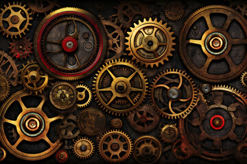 Fototapeta na wymiar Steampunk background with gears and cogwheels, Close-up, Generative AI