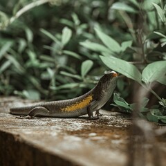 Close-up shot of a many-striped skink surrounded by green foliage. Eutropis multifasciata.