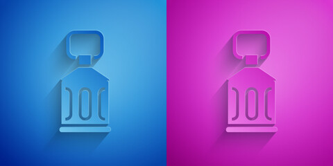 Paper cut Ramadan Kareem lantern icon isolated on blue and purple background. Paper art style. Vector