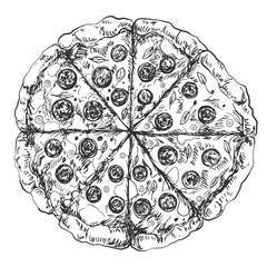 Sketch of italian pizza. Italian fast food. Whole round salami pizza. Illustration for menu. Engraved style. Black and white hand drawn pizza. Top view