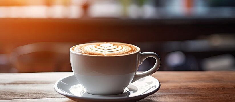 Close up picture of a hot latte coffee in a cafe, used as a photo banner for website headers. There