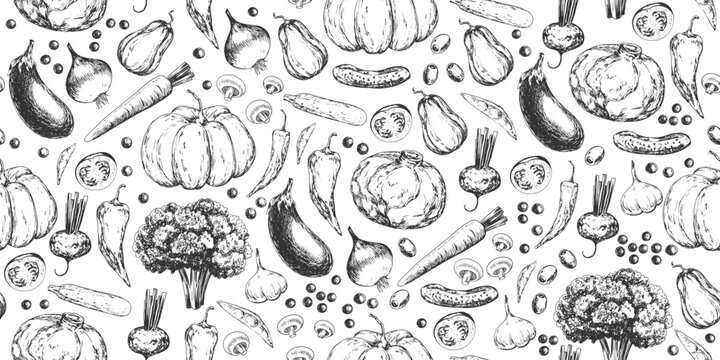 Seamless pattern with vegetables. Black and white background with Broccoli, eggplant, onion, mushrooms, zucchini, peppers, garlic, peas, tomatoes, carrot, beetroot, cabbage, pumpkin, cauliflower