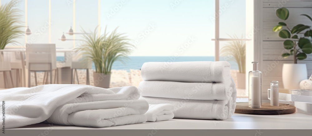 Aufkleber a montage for product display involving a roll-up of white towels on a white table with a blurred li