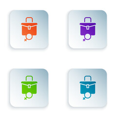 Color Work for female icon isolated on white background. Business woman work. Set colorful icons in square buttons. Vector