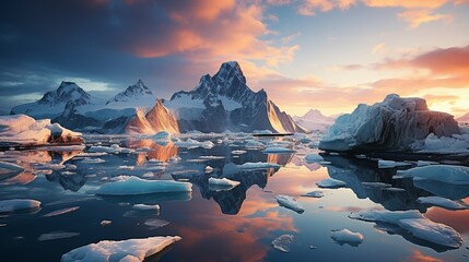 Antarctica's natural scenery with icebergs in the icefjord of Greenland during the midnight sun