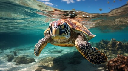 In the ocean, a green sea turtle is swimming. - Powered by Adobe