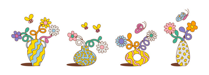  Colorful and cute retro cartoon flowers and vases. Collection of trendy vintage y2k floral, abstract and organic shapes, trendy and playful Groovy, funky, trippy, hippie, 60s, 70s aesthetic