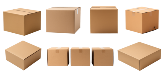 Various cardboard boxes for shipping, isolated, white background, mockup, generative ai