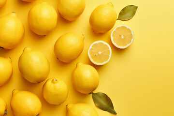 Top view of lemon fruits on yellow background