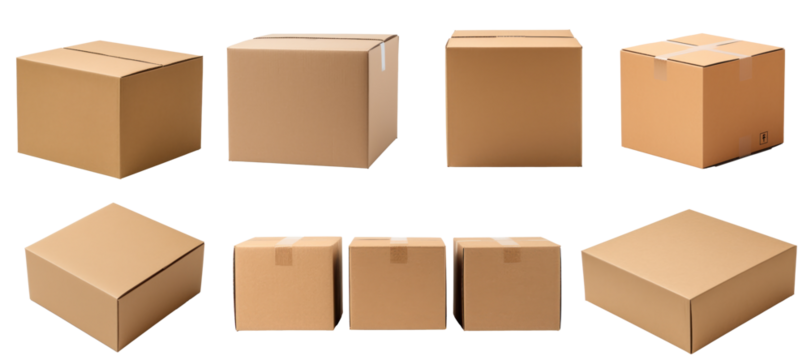 Various cardboard boxes for shipping, isolated, white background, mockup, generative ai