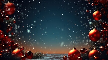 Christmas background with fir branches and balls on snow falling background. Generative Ai.