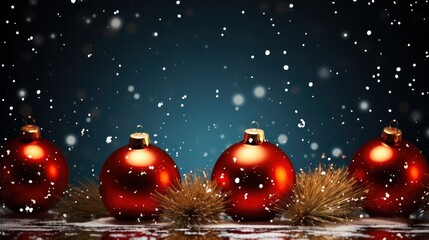 Christmas background with fir branches and balls on snow falling background. Generative Ai.