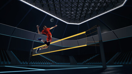 Dynamic image of young man, professional volleyball player in motion, hitting ball near net. Match, 3D stadium, arena. Concept of competition, professional sport, active lifestyle, hobby, motivation.