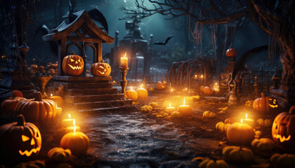 Fototapeta na wymiar Cute and evil Halloween pumkin, ready for a spooky night Generative AI illustrations