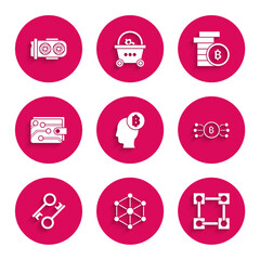 Set Bitcoin think, Blockchain technology, Cryptocurrency bitcoin circle with microchip circuit, key, wallet, and Mining farm icon. Vector