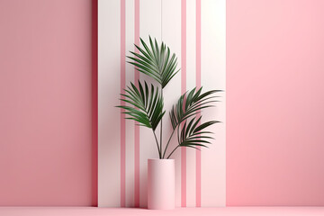Three pink and white dividers with tropical plant on top, in the style of conceptual minimalism, pastel palette, minimalist, ai generative