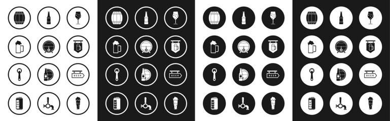 Set Glass of beer, Wooden barrel on rack with stopcock, Street signboard glass, Beer bottle, inscription and Bottle opener icon. Vector