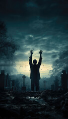 Halloween zombie coming alive on a cemetary at night. Generative AI illustrations