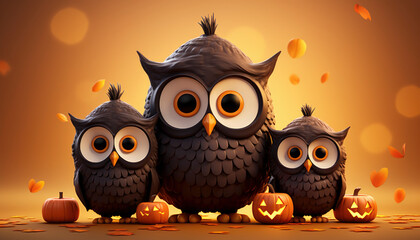 Fototapeta premium Funny owls at Halloween with cute pumkins. Generative AI illustrations
