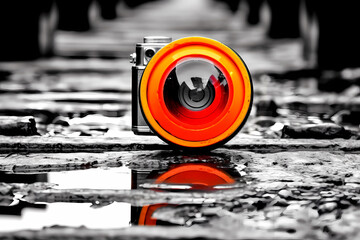 Vibrant contrast of a bright orange camera lens capturing the essence of a monochrome street scene (Generative AI)