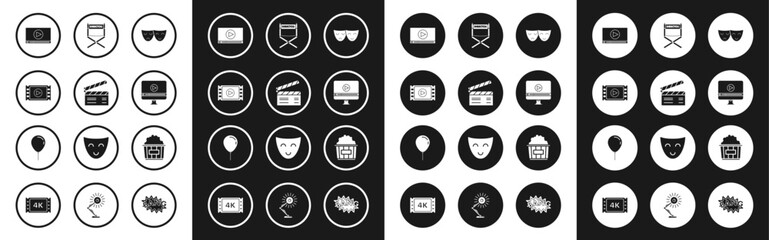 Set Comedy and tragedy theatrical masks, Movie clapper, Play Video, Online play video, Director movie chair, Popcorn cardboard box and Balloon with ribbon icon. Vector