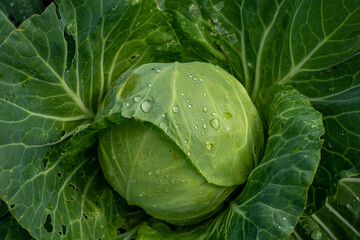 Head of cabbage with water drops of morning dew