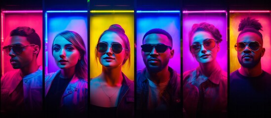 series of portrait smart cool people with neon lighting studio photo shoot advertising banner image hipster concept,ai generate