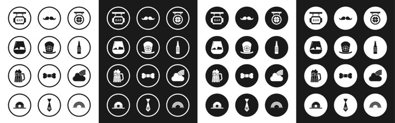 Set Street signboard with four leaf clover, Leprechaun hat and, Glass of whiskey, inscription Bar, Beer bottle, Mustache, Rainbow cloud and Wooden beer mug icon. Vector