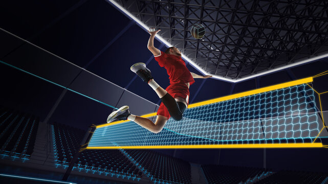 Bottom view, dynamic image of young man, volleyball player in motion, during game hitting ball. 3D arena, court. Concept of competition, professional sport, active lifestyle, hobby, motivation.