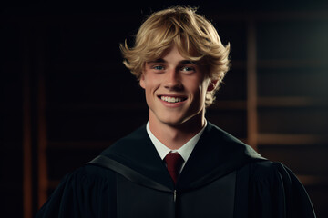 Handsome blond guy student in bachelor's robes. University graduation