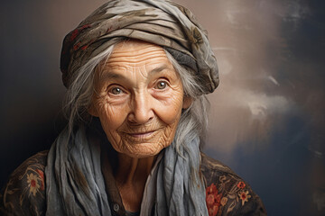 Generative AI closeup portrait oil painting of beautiful woman grandmother age isolated on drawing colorful canvas background