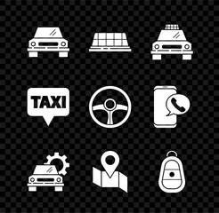 Set Car, Taxi car roof, service, Folded map with location marker, key remote, Map pointer taxi and Steering wheel icon. Vector