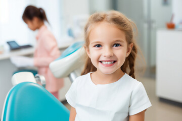 Fototapeta premium Generative AI closeup portrait of Dentist examining little boy girl child teeth in clinic healthcare concept