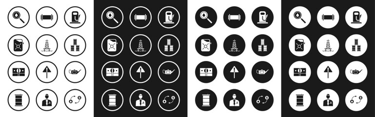 Set Petrol or gas station, Oil rig with fire, Canister for motor oil, drop, Barrel, Industry pipe, and Stacks paper money cash icon. Vector