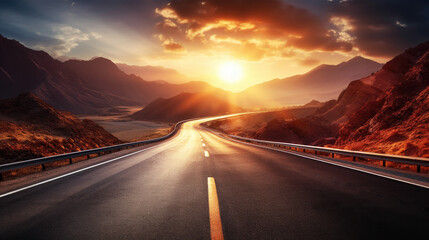 Panoramic Image of a Lonely, Endless Road During Sunset Between Mountains