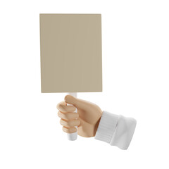 Hand holding an empty sign on a stick, blank banner mock-up. Isolated illustration on a white background, 3D rendering