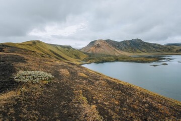 Tranquil lake surrounded by majestic mountains. Landmannalaugar, Iceland.