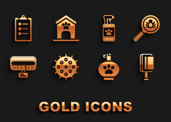 Set Tennis ball, Flea search, Hair brush for dog and cat, Pet shampoo, Collar with name tag, Grooming salon price list and Dog house paw print icon. Vector