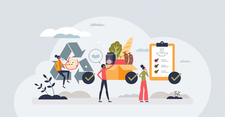 Food waste management and grocery leftovers separation tiny person concept. Garbage recycling with green and nature friendly lifestyle to reduce organic rubbish, trash and litter vector illustration.