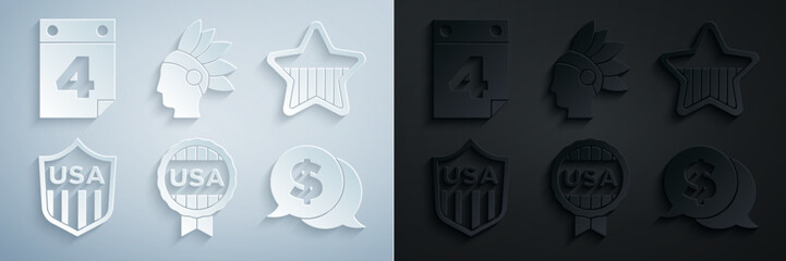 Obraz premium Set Medal with star, USA Independence day, Shield stars, Coin money dollar, Native American Indian and Calendar date July 4 icon. Vector
