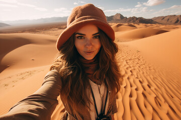 Generative AI picture image of funny woman traveler blogger making selfies sunny day lonely desert beautiful sand view